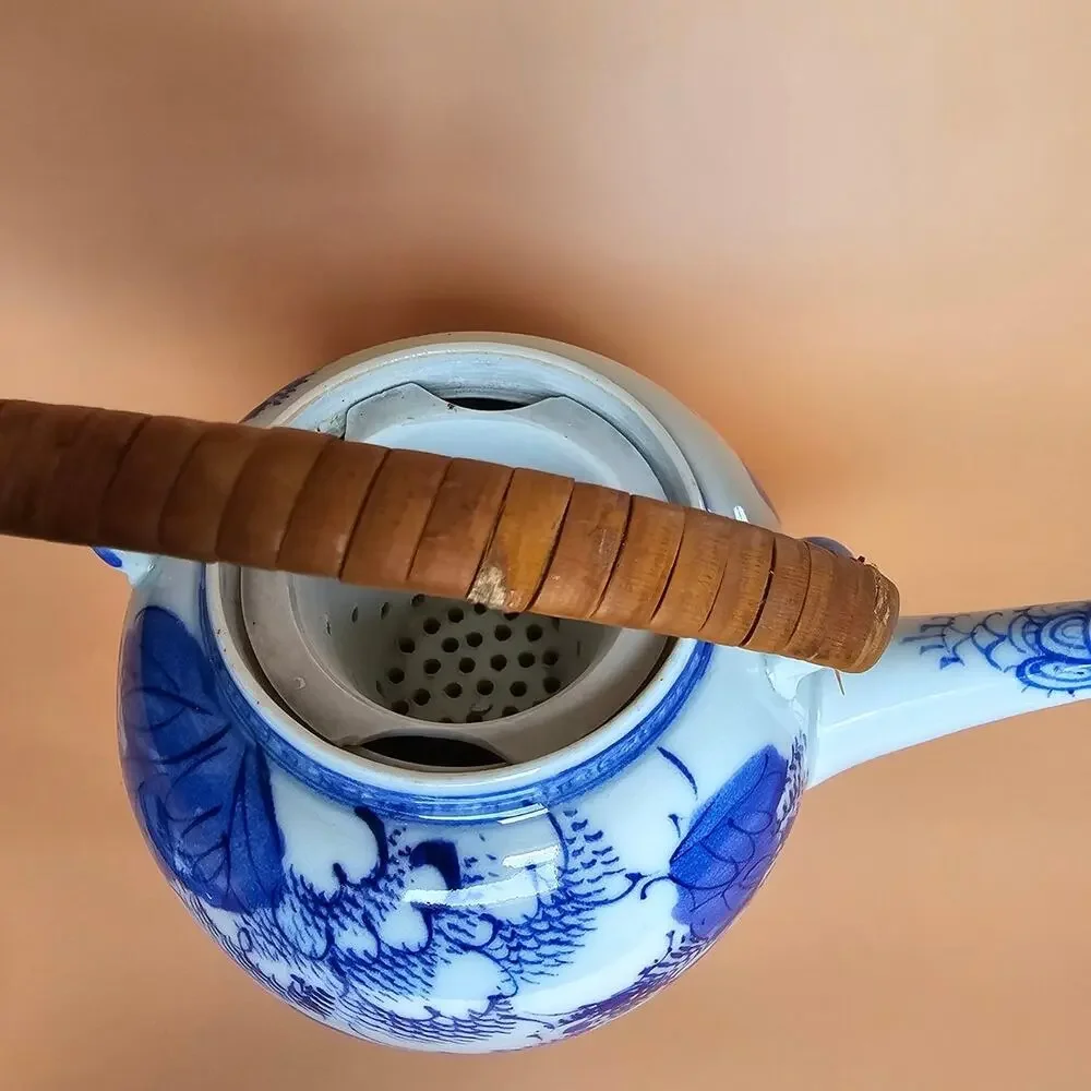 Vintage Blue White Teapot Wicker Handle Lid - Chinoiserie Style